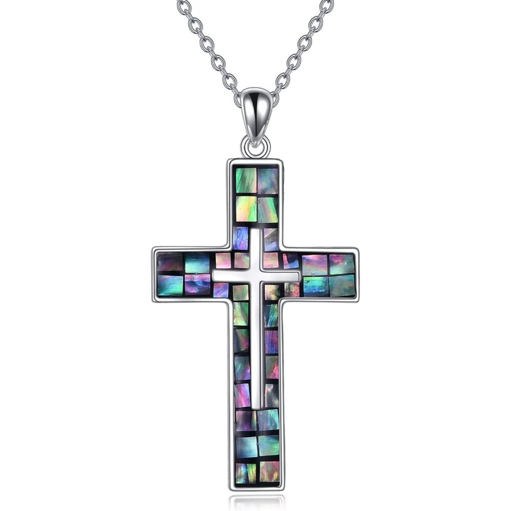 Sterling Silver Abalone Shell Cross Necklace, Ele… - image 1